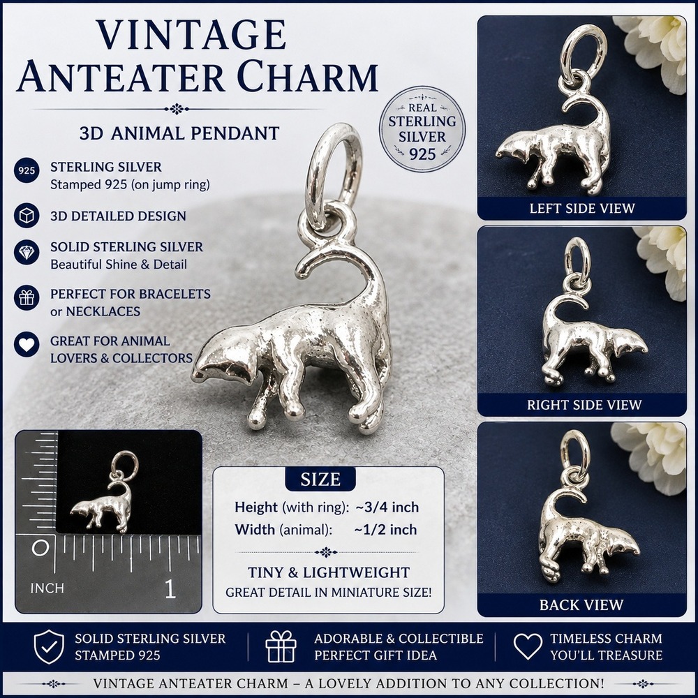 Vintage Sterling Silver 925 Anteater Charm 3D Animal Pendant Bracelet Necklace